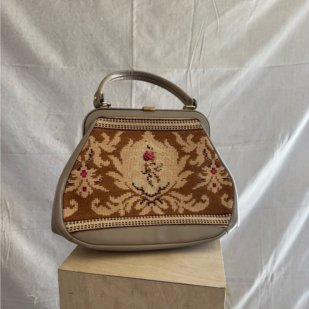 Vintage Floral Tapestry Top-Handle Bag in Brown and Cream